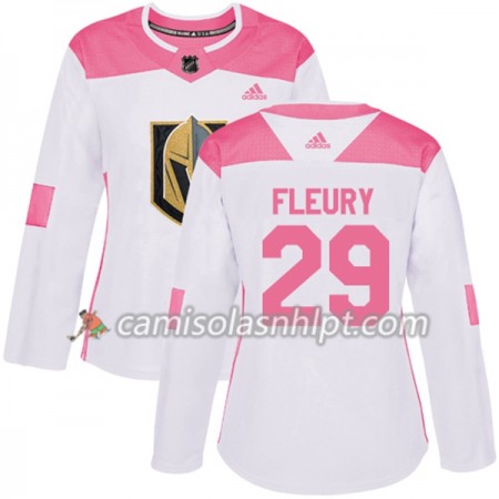 Camisola Vegas Golden Knights Marc-Andre Fleury 29 Adidas 2017-2018 Branco Rosa Fashion Authentic - Mulher